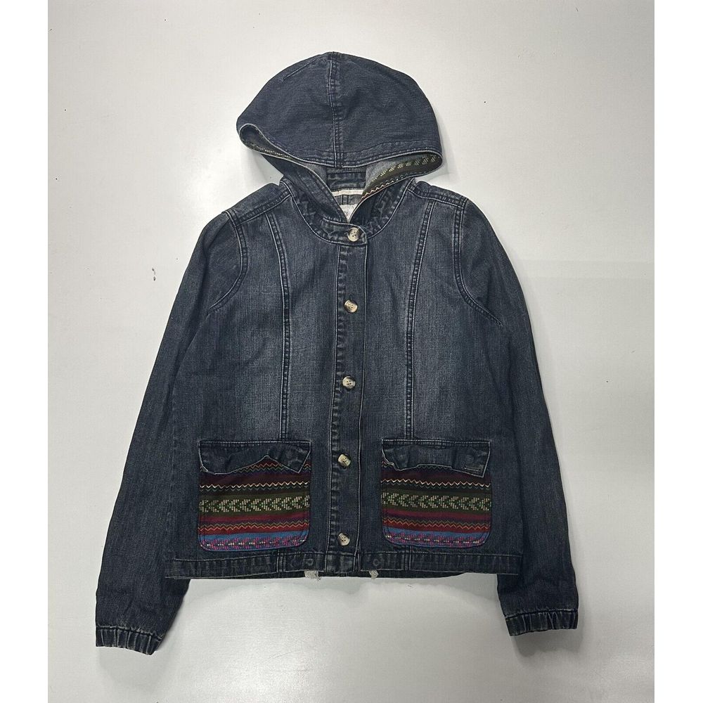 Element Womens Size Medium Button Up Boho Denim Jacket With Hood Aztec Print Y2k